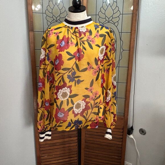 French Connection Eloise Floral Print Striped Trim Sheer Blouse Top Size 12 - Picture 1 of 11
